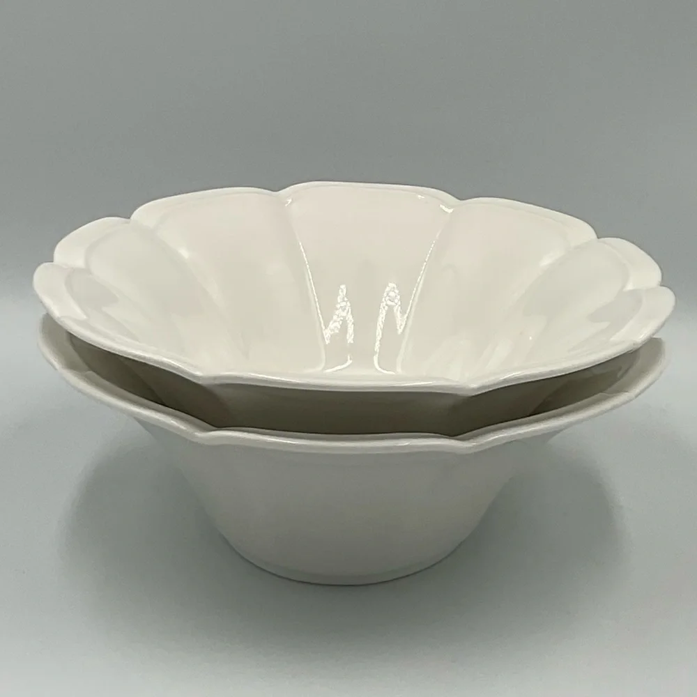2 Oblong White Scalloped Ceramic Serving Bowls